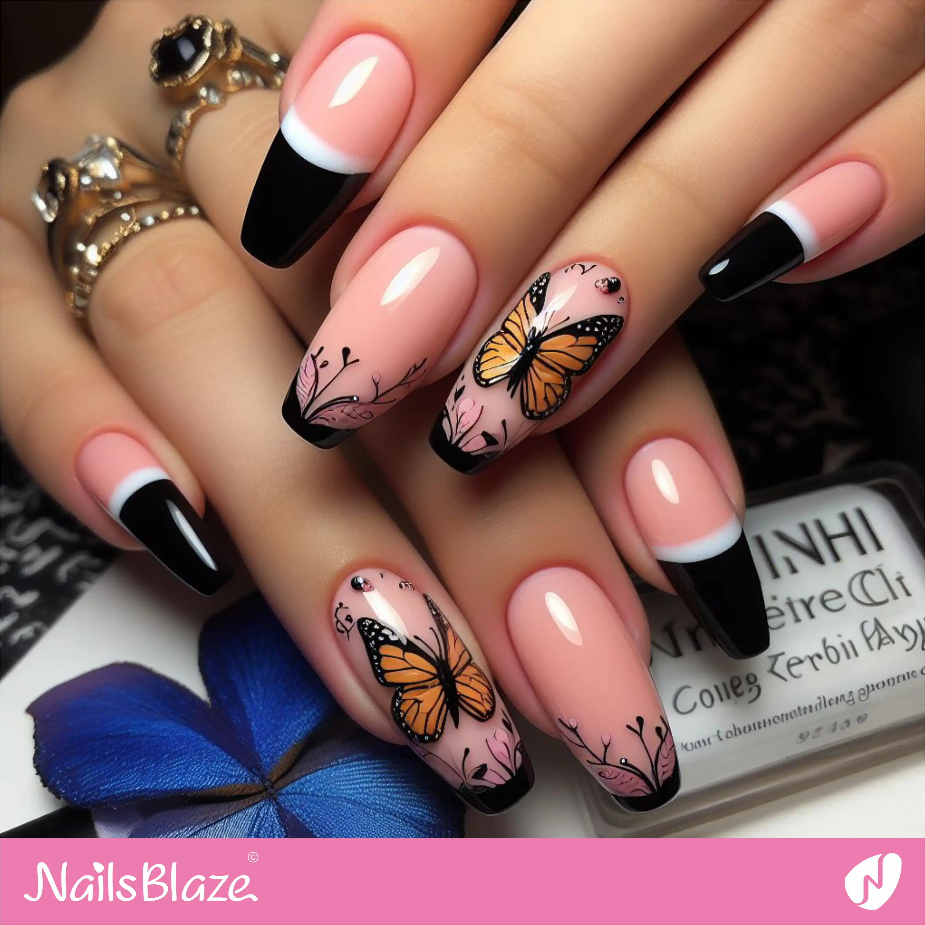 Peach Fuzz Butterfly Nails Black French | Color of the Year 2024 - NB1784